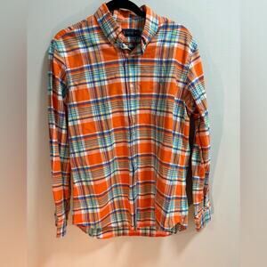 Ralph Lauren Mens Orange Blue Plaid Button Down Shirt Long Sleeve Pony‎ Logo M